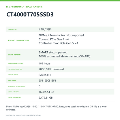 Crucial 2280mm T705 4TB M.2 NVMe Gen 5.0 x 4 SSD CT4000T705SSD3