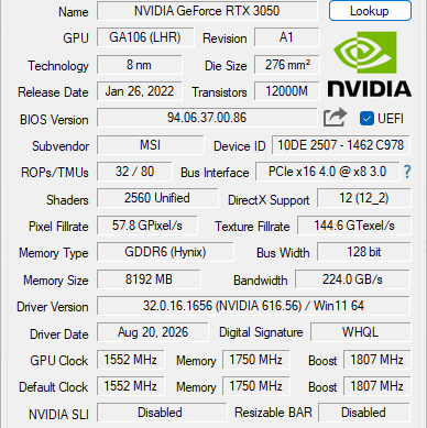 MSI GeForce RTX 3050 Ventus 2X OC 8GB GDDR6 Graphics Card