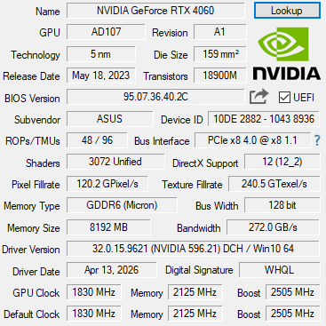 Asus GeForce RTX 4060 Dual 8GB GDDR6 Graphics Card DUAL-RTX4060-08G-V2