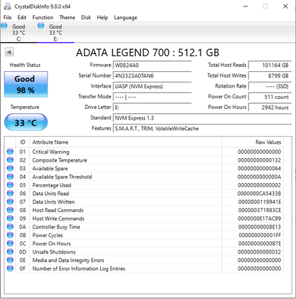 ADATA 2280mm Legend 700 512GB M.2 NVMe Gen 4.0 x 4 SSD ALEG-700-512GB