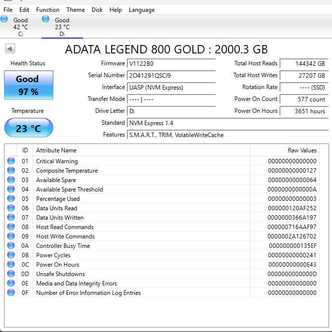 ADATA 2280mm Legend 800 Gold 2TB M.2 NVMe Gen 4.0 x 4 SSD SLEG-800G-2000GBH-S38