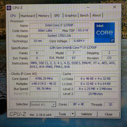 Intel Core i7-12700F 2.10GHz 12 Core SRL4R 20 Thread LGA 1700